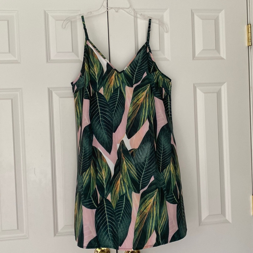 Shein pink and green palm shift dress